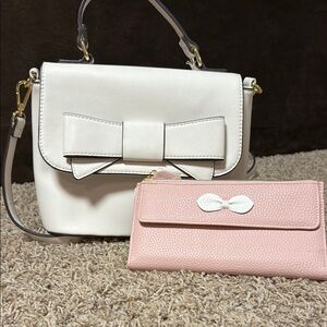 Elegant White and Pink Bow Handbag Set